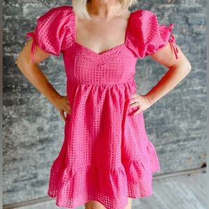 Entro Lorelei Puff Sleeve Mini Dress Hot Pink NWT